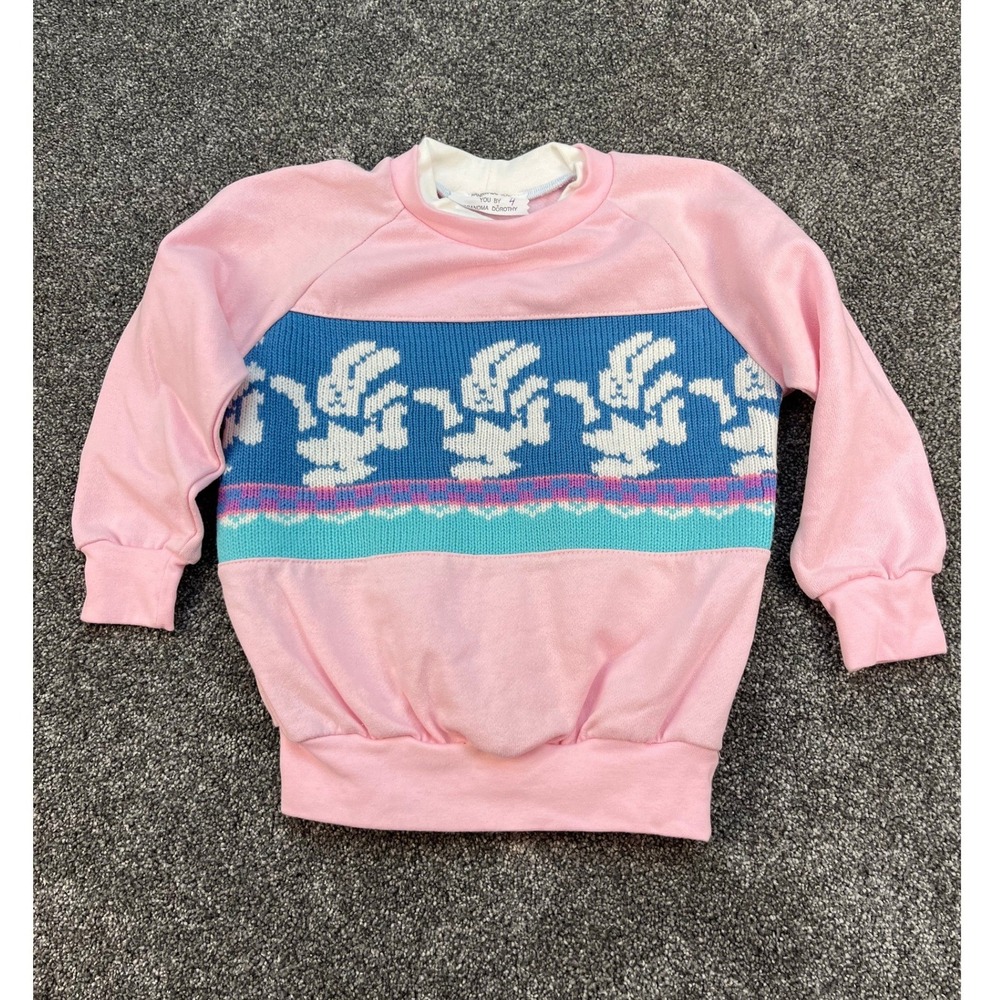 Vintage Handmade Bunny Rabbit Knit Panel Mock Neck Sweatshirt Girls Size 4 Pink